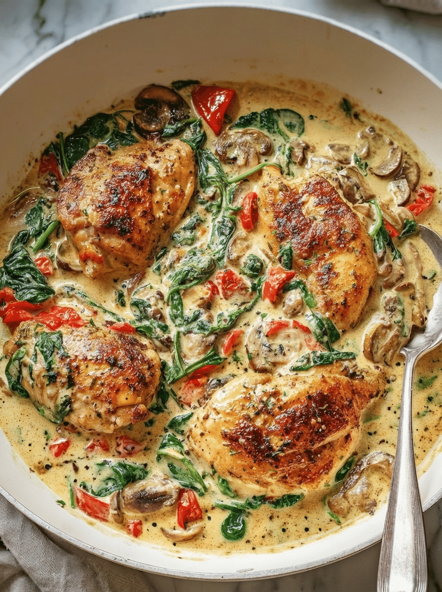 Creamy Tuscan Chicken (30-Minute Version) in a skillet with golden seared chicken in sun-dried tomato cream sauce with spinach and Parmesan
