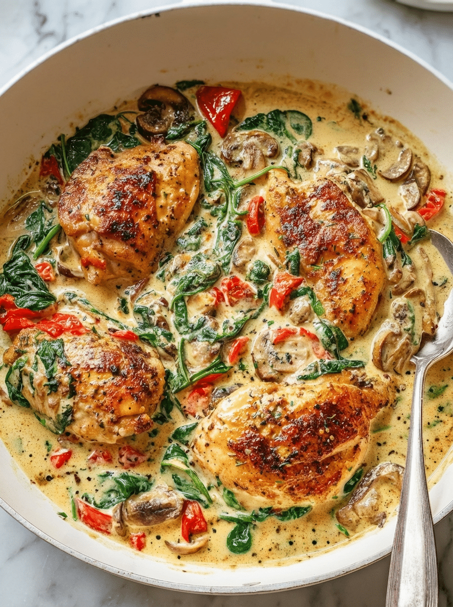 Creamy Tuscan Chicken (30-Minute Version) close-up showing golden chicken in creamy sun-dried tomato sauce with spinach and Parmesan