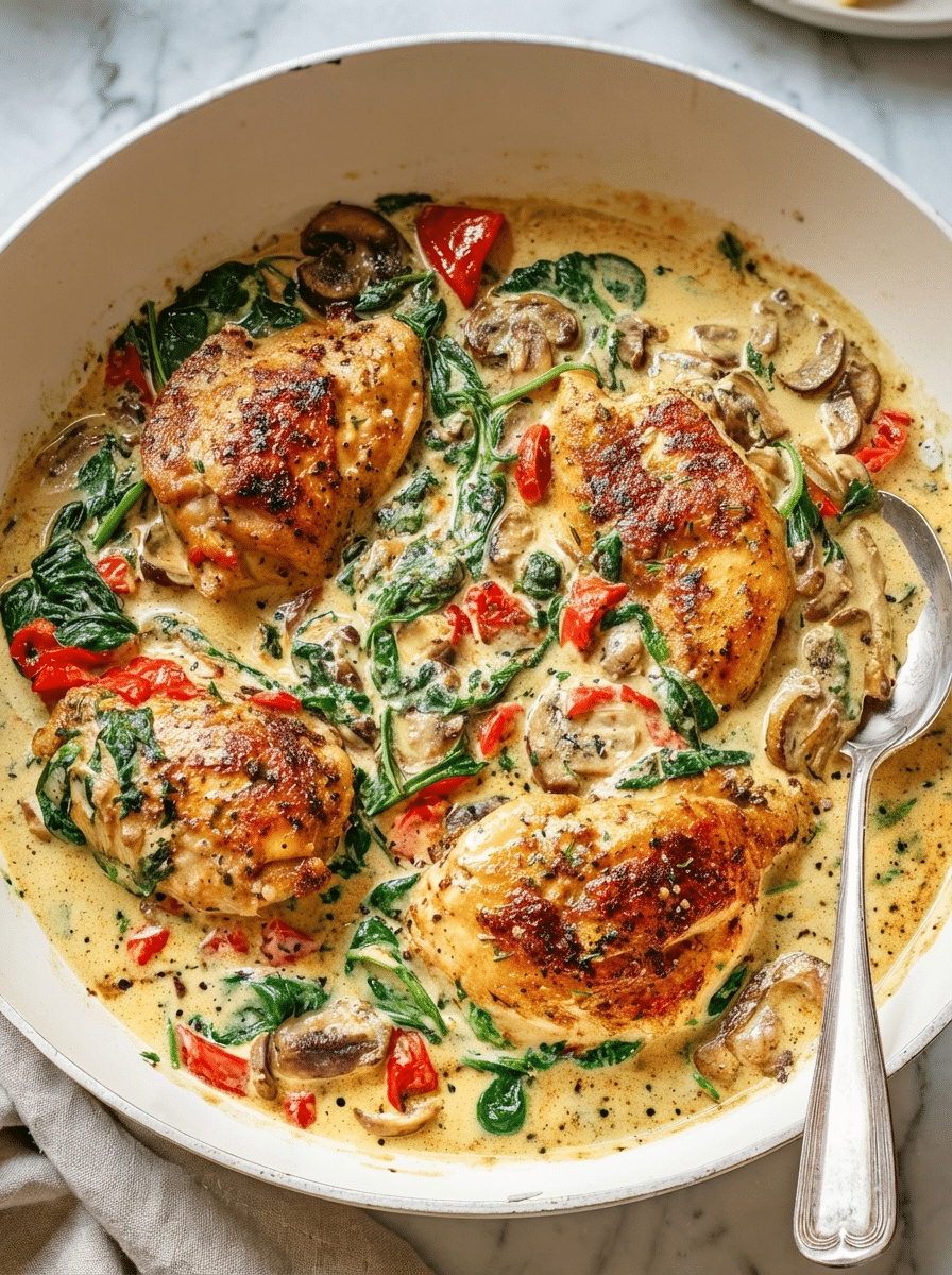 Creamy Tuscan Chicken (30-Minute Version) cooking process — building the cream sauce with sun-dried tomatoes, garlic, and heavy cream
