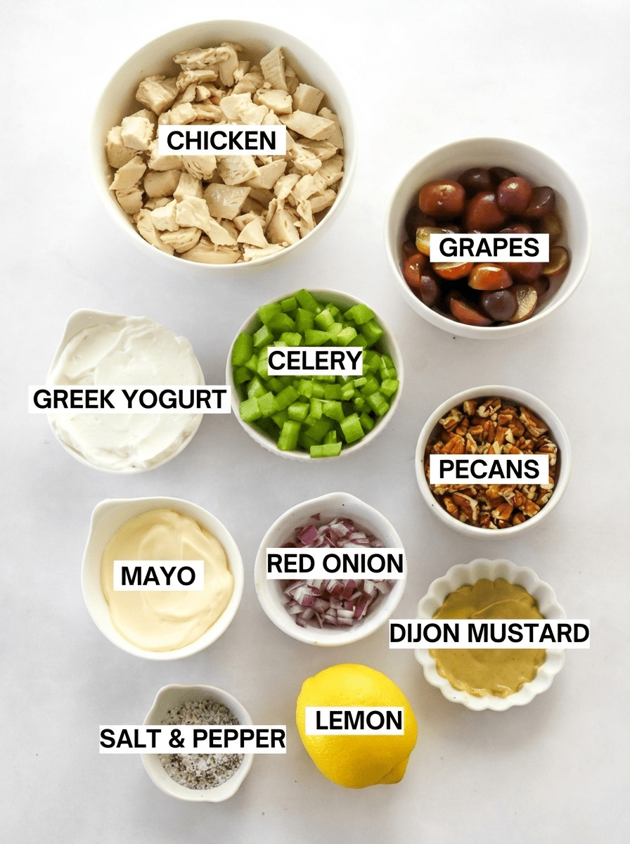 High Protein Greek Yogurt Chicken Salad cooking steps — poaching chicken and mixing with Greek yogurt dressing