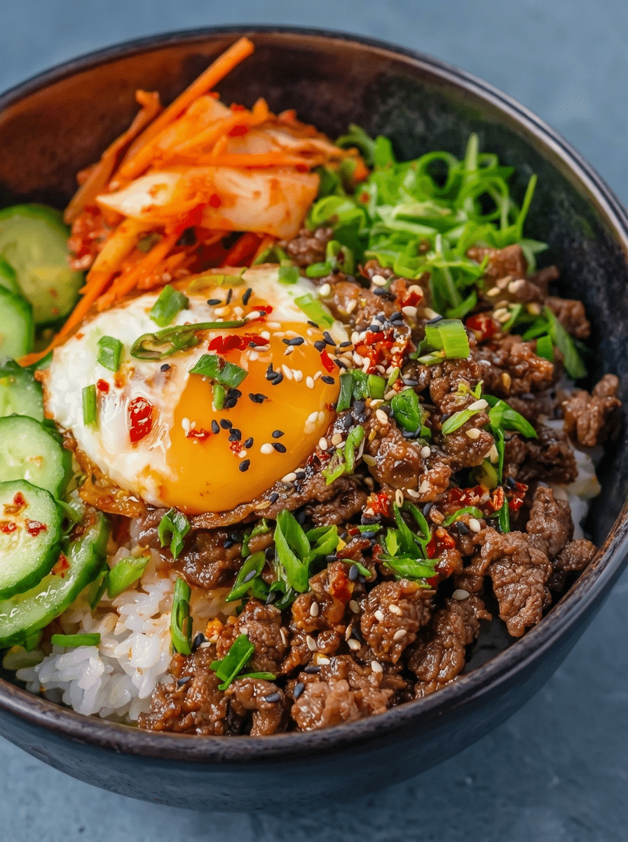 30-Minute Korean Beef Bowls served in a white bowl with rice, cucumber, carrots and sesame seeds
