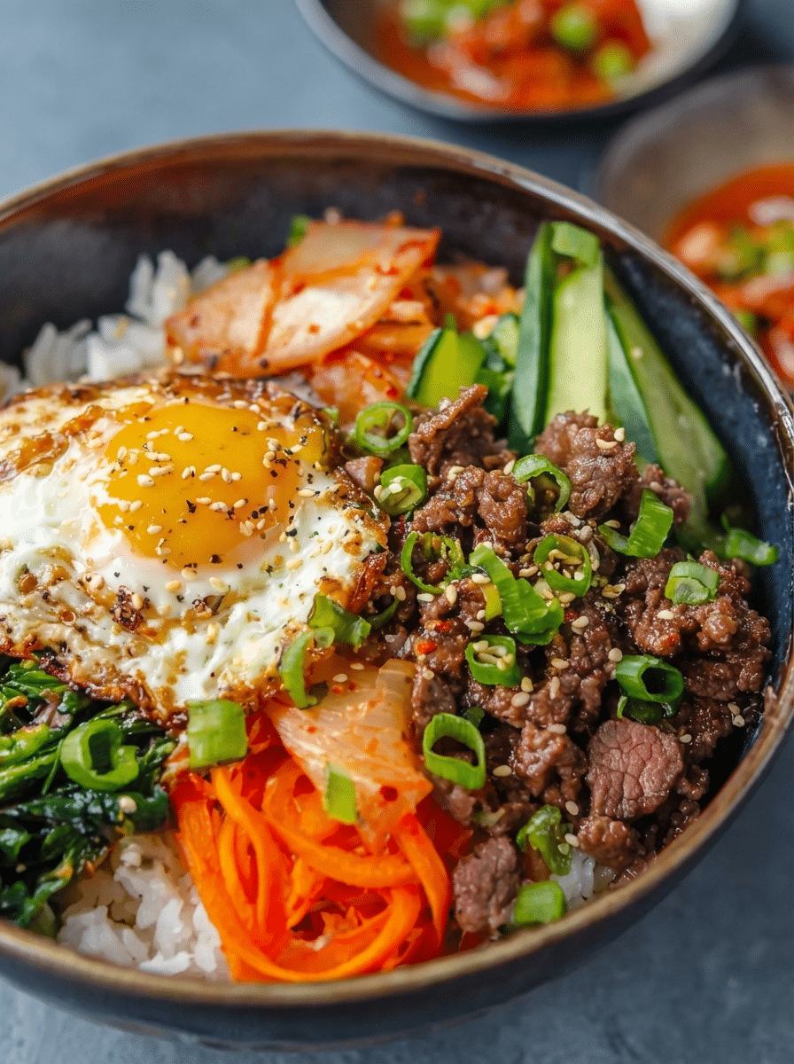 30-Minute Korean Beef Bowls close-up showing saucy beef over rice with toppings