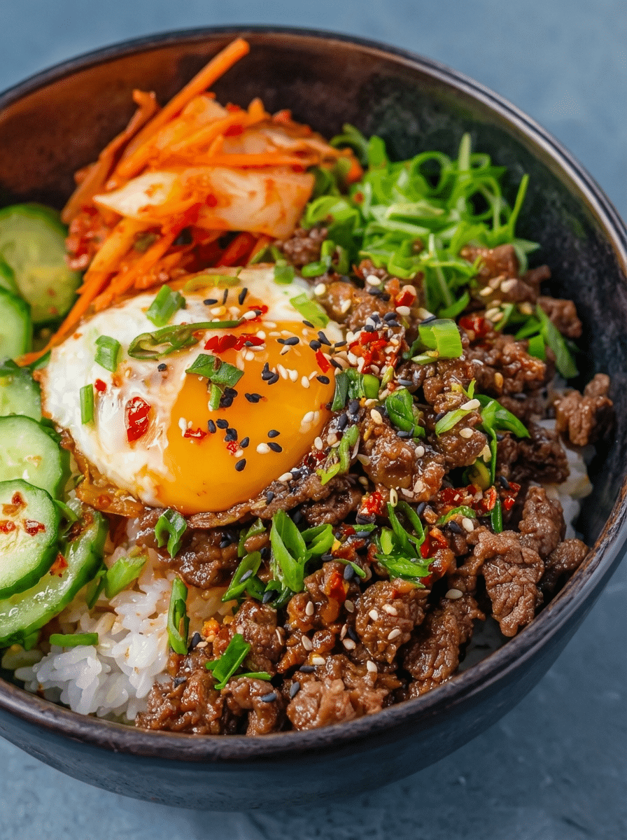 30-Minute Korean Beef Bowls cooking steps showing beef browning in skillet with sauce