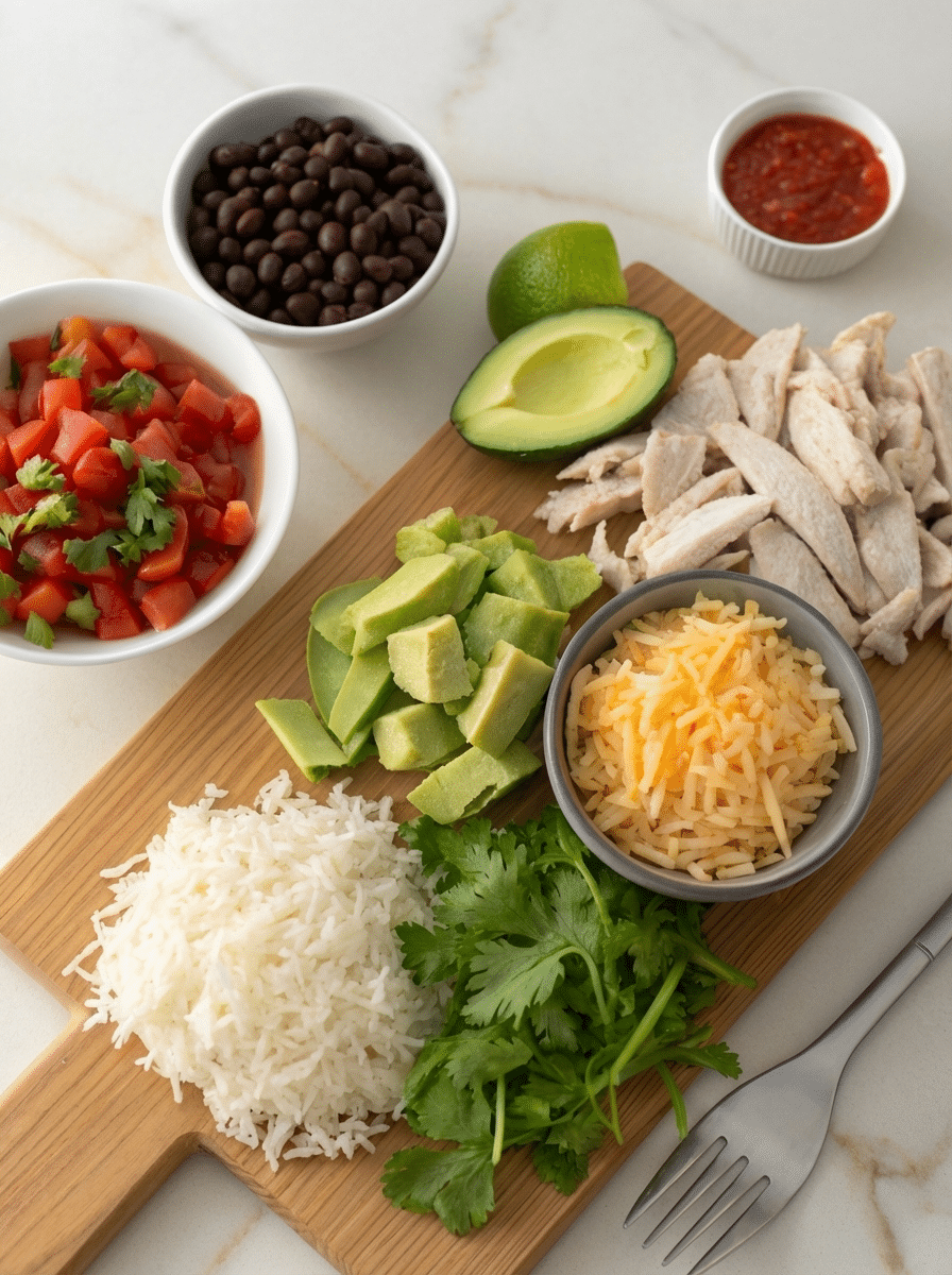 Chicken Burrito Bowl (High Protein) prep steps — slicing chicken, building the bowl components