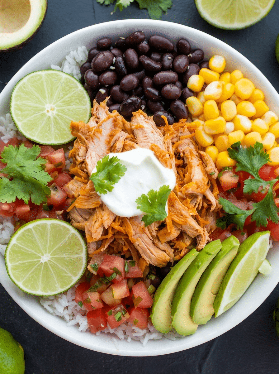 Chicken Burrito Bowl (High Protein) with cilantro lime rice, black beans, grilled chicken, and fresh toppings