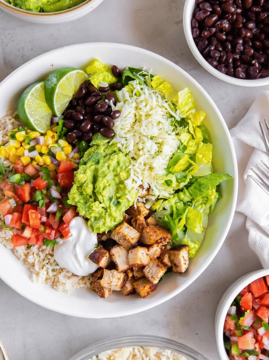 high protein chicken burrito bowl with seasoned chicken slices, black beans, brown rice, and fresh toppings overhead view