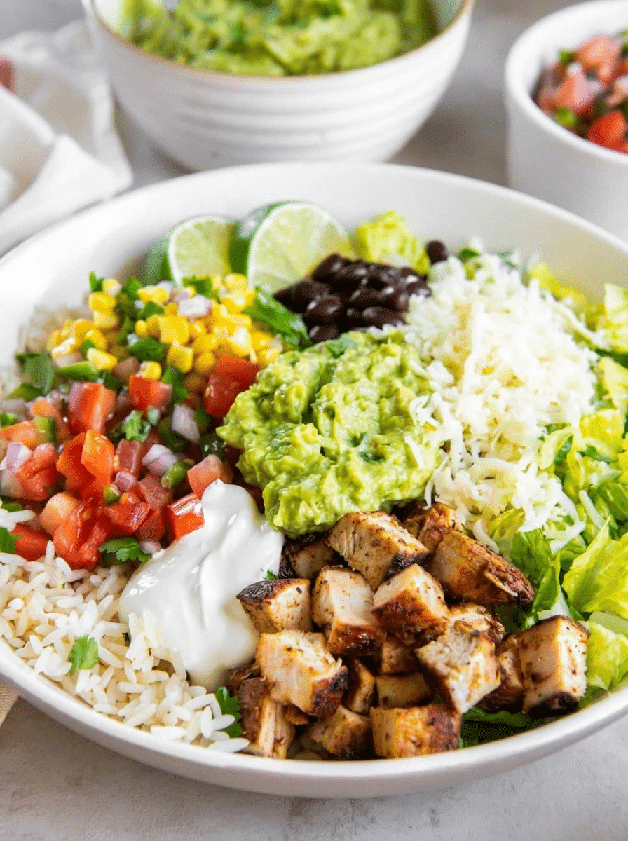high protein chicken burrito bowl close up with sliced chicken and colorful toppings
