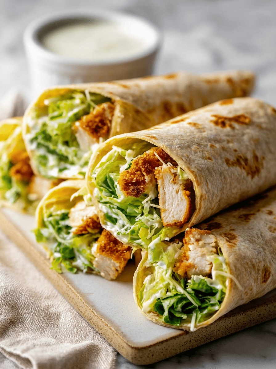 High Protein Chicken Caesar Wrap sliced in half on a wooden board showing grilled chicken, romaine, Parmesan and Caesar dressing filling