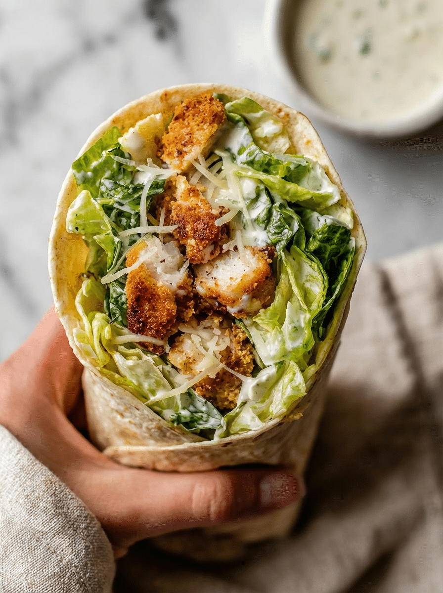 High Protein Chicken Caesar Wrap close-up showing grilled chicken slices, chickpeas, and Caesar dressing inside a whole wheat tortilla