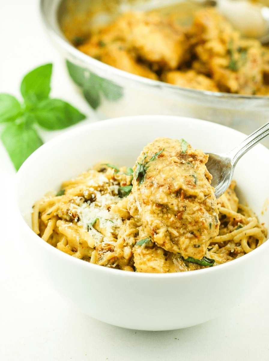 High Protein Marry Me Chicken (Tuscan cottage cheese) served on a white plate with sun-dried tomato cream sauce and fresh basil