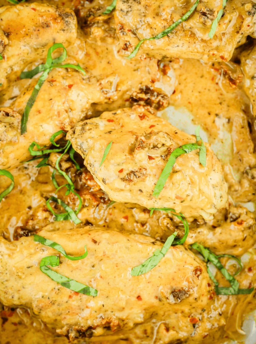 High Protein Marry Me Chicken (Tuscan cottage cheese) close-up overhead view with creamy sauce