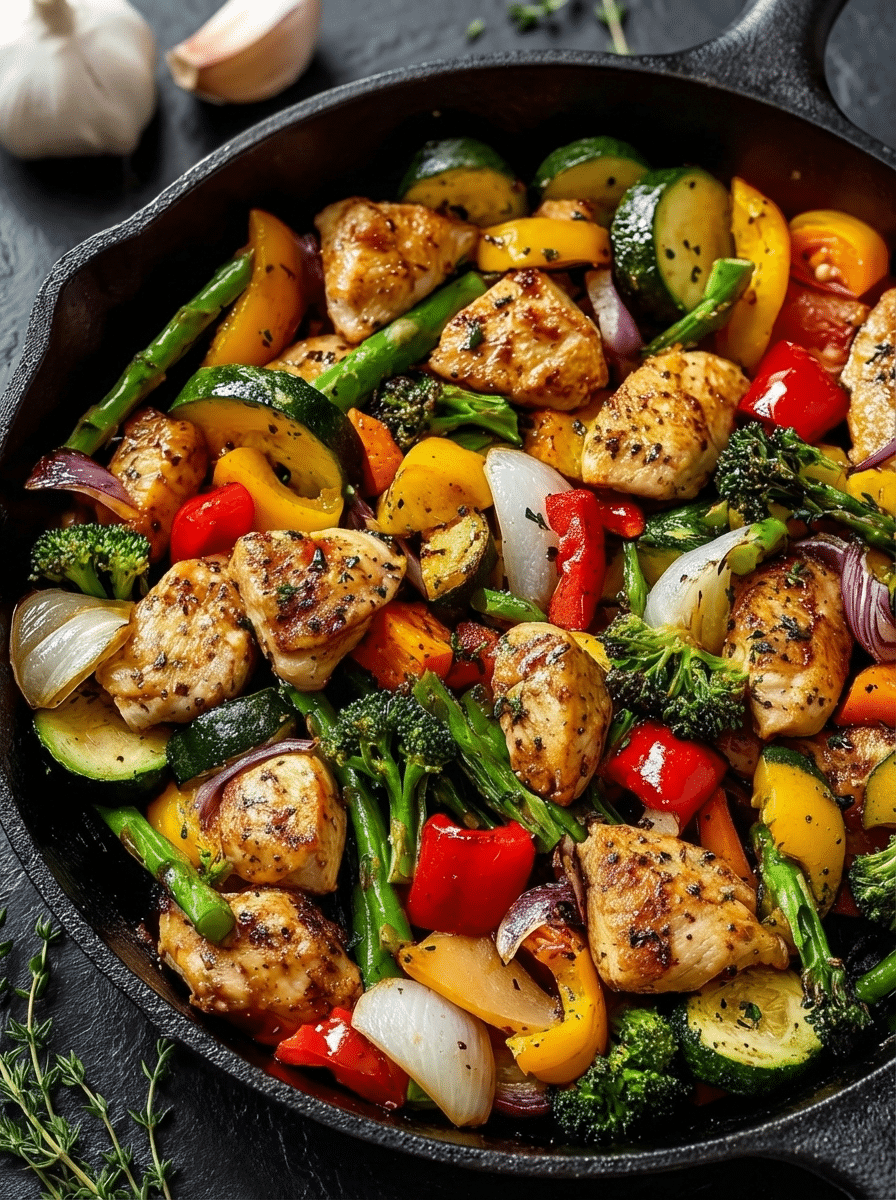 Honey Mustard Chicken and Veggie Skillet served in a cast-iron skillet with colorful vegetables and golden glaze