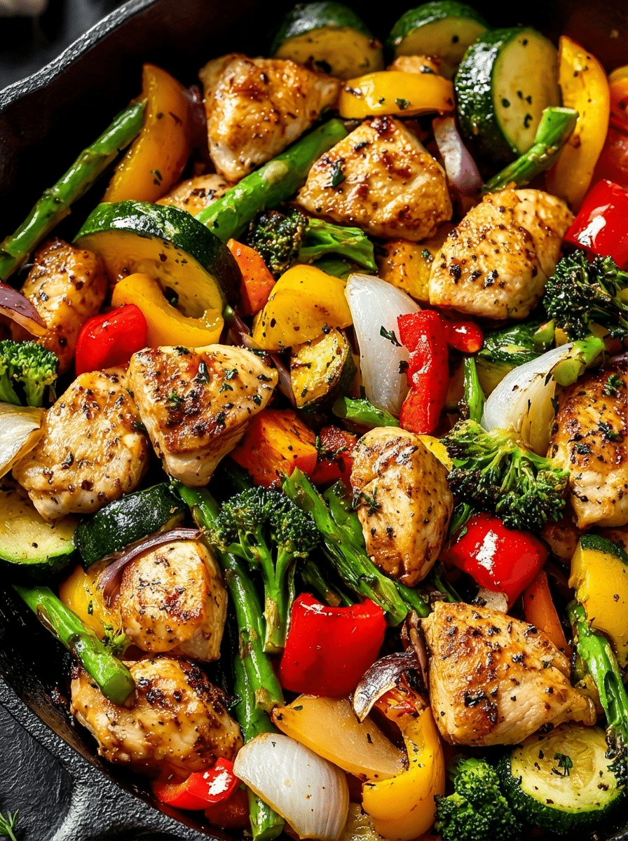 Honey Mustard Chicken and Veggie Skillet close-up with golden glaze and fresh herbs