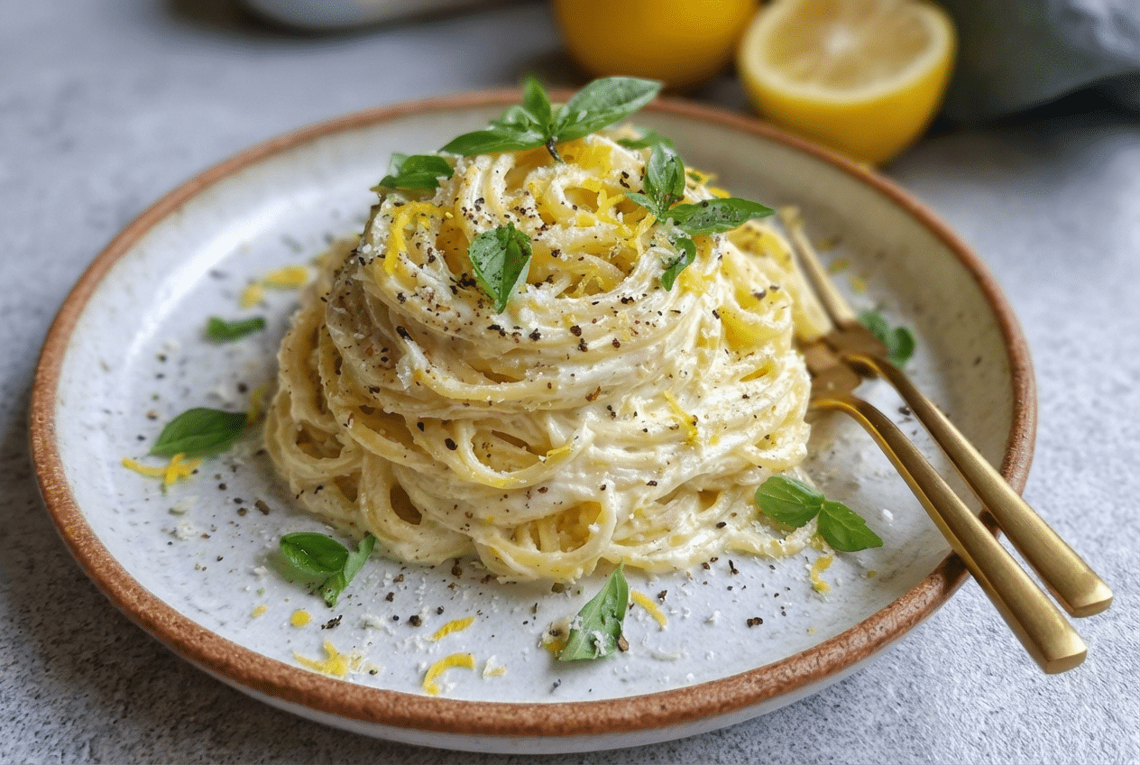 Lemon Ricotta Spinach Pasta close up in bowl with parmesan and lemon
