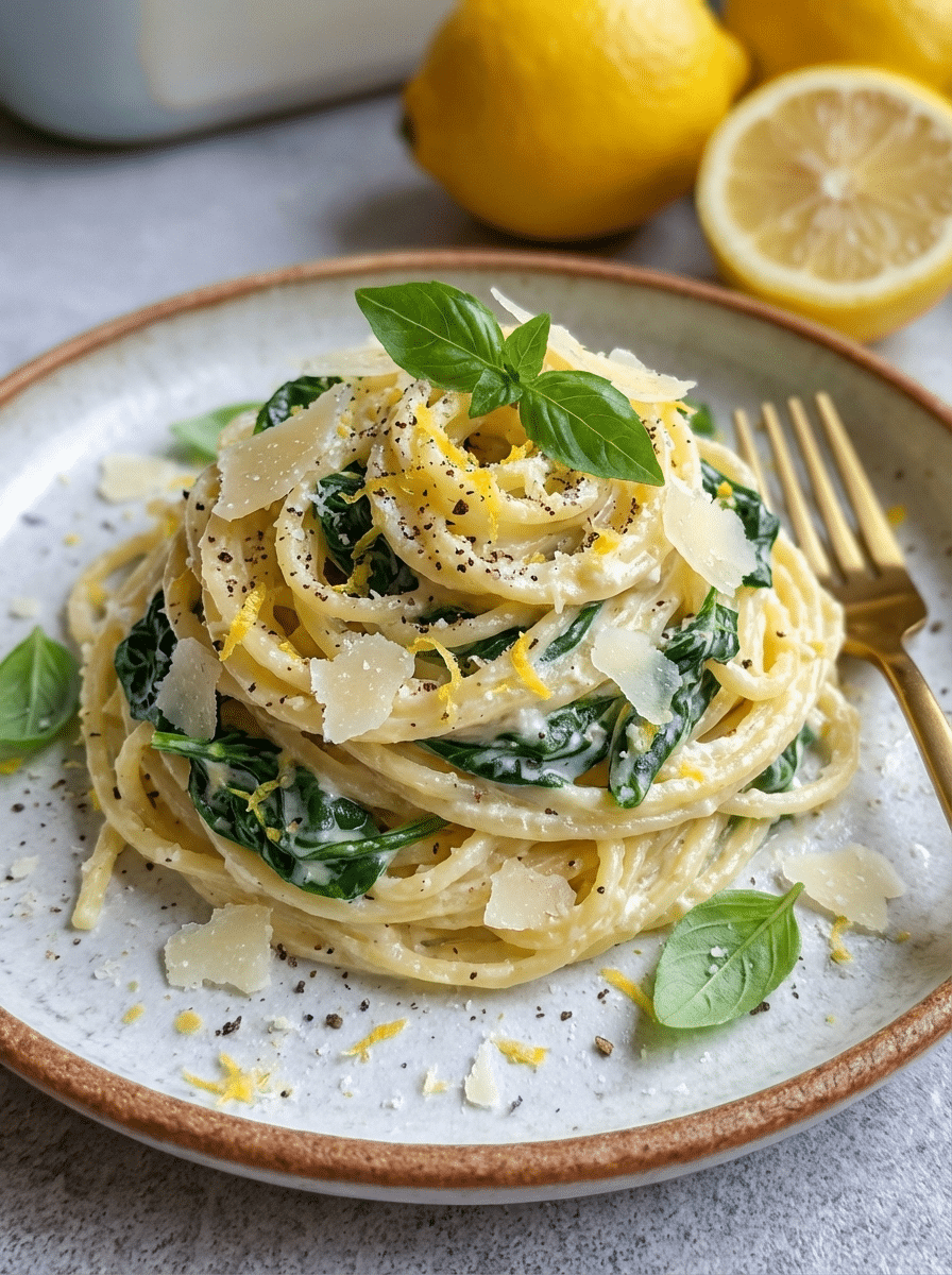 Lemon Ricotta Spinach Pasta served in a white bowl with lemon zest and fresh basil