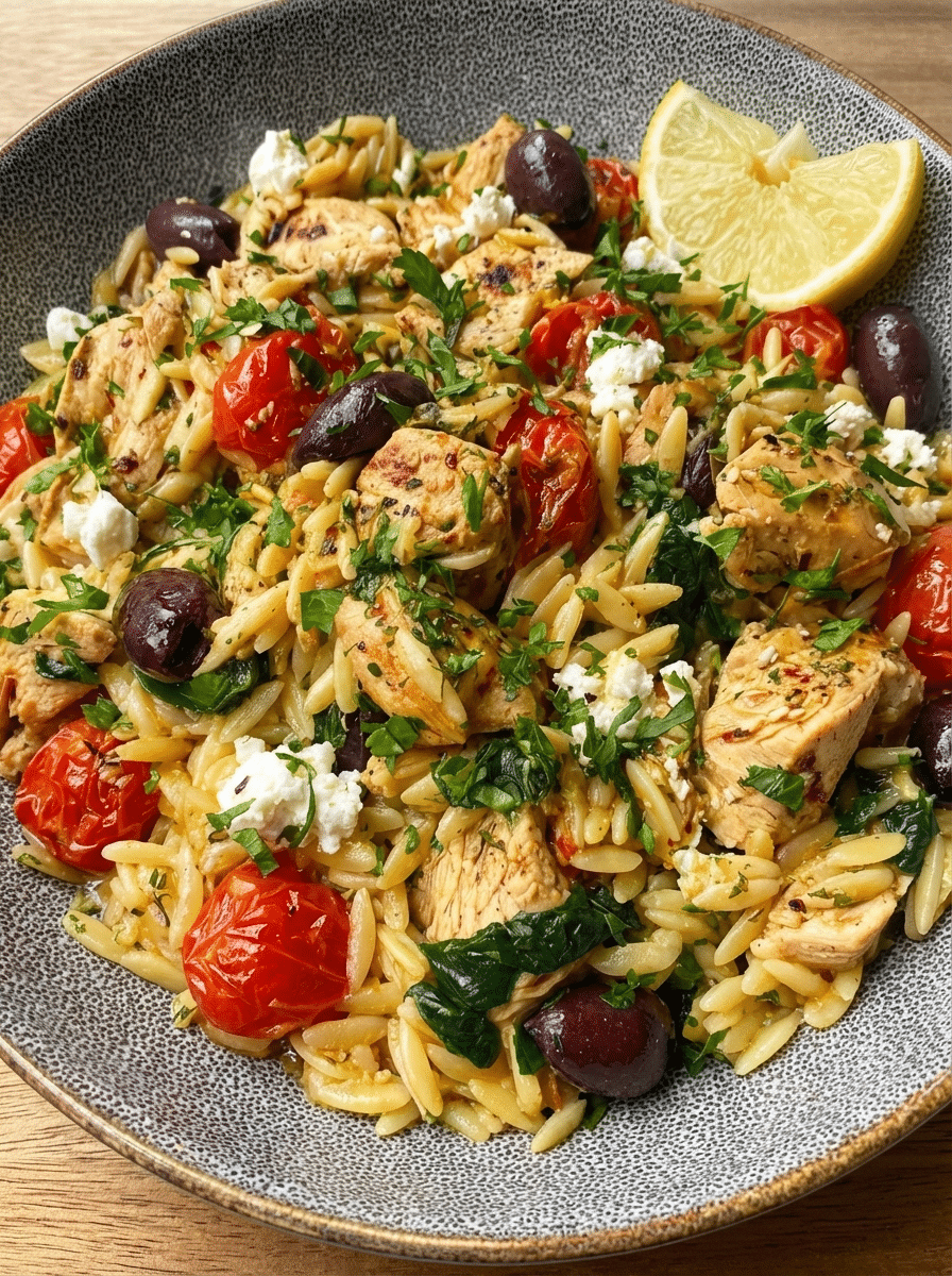 Mediterranean Chicken Orzo cooking steps — building the sauce with garlic, sun-dried tomatoes, and orzo in the pan