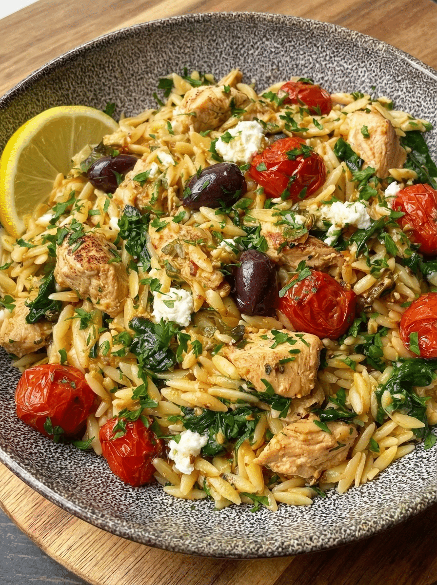 Mediterranean Chicken Orzo prep steps — chopping sun-dried tomatoes, measuring orzo, and preparing Mediterranean ingredients