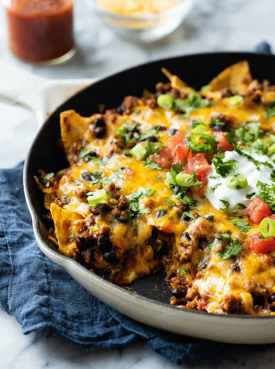One-Pan Taco Skillet Dinner with melted cheese, seasoned ground beef, and colorful toppings in a cast iron skillet