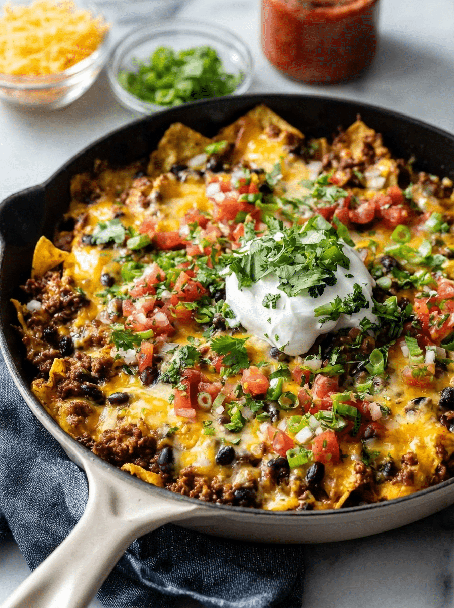One-Pan Taco Skillet Dinner close-up showing cheesy, saucy beef and rice with colorful toppings