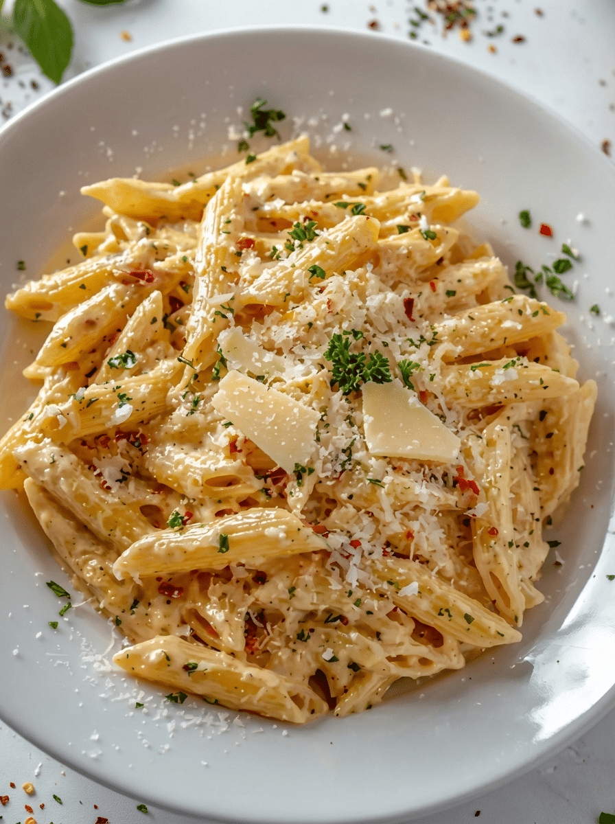 One-Pot Creamy Garlic Pasta served in a wide bowl with golden garlic cream sauce and fresh parsley
