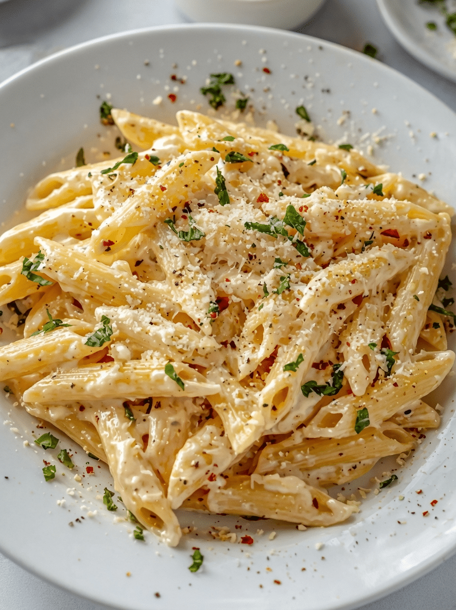 One-Pot Creamy Garlic Pasta cooking steps showing sauce building in a skillet and pasta cooking in the cream