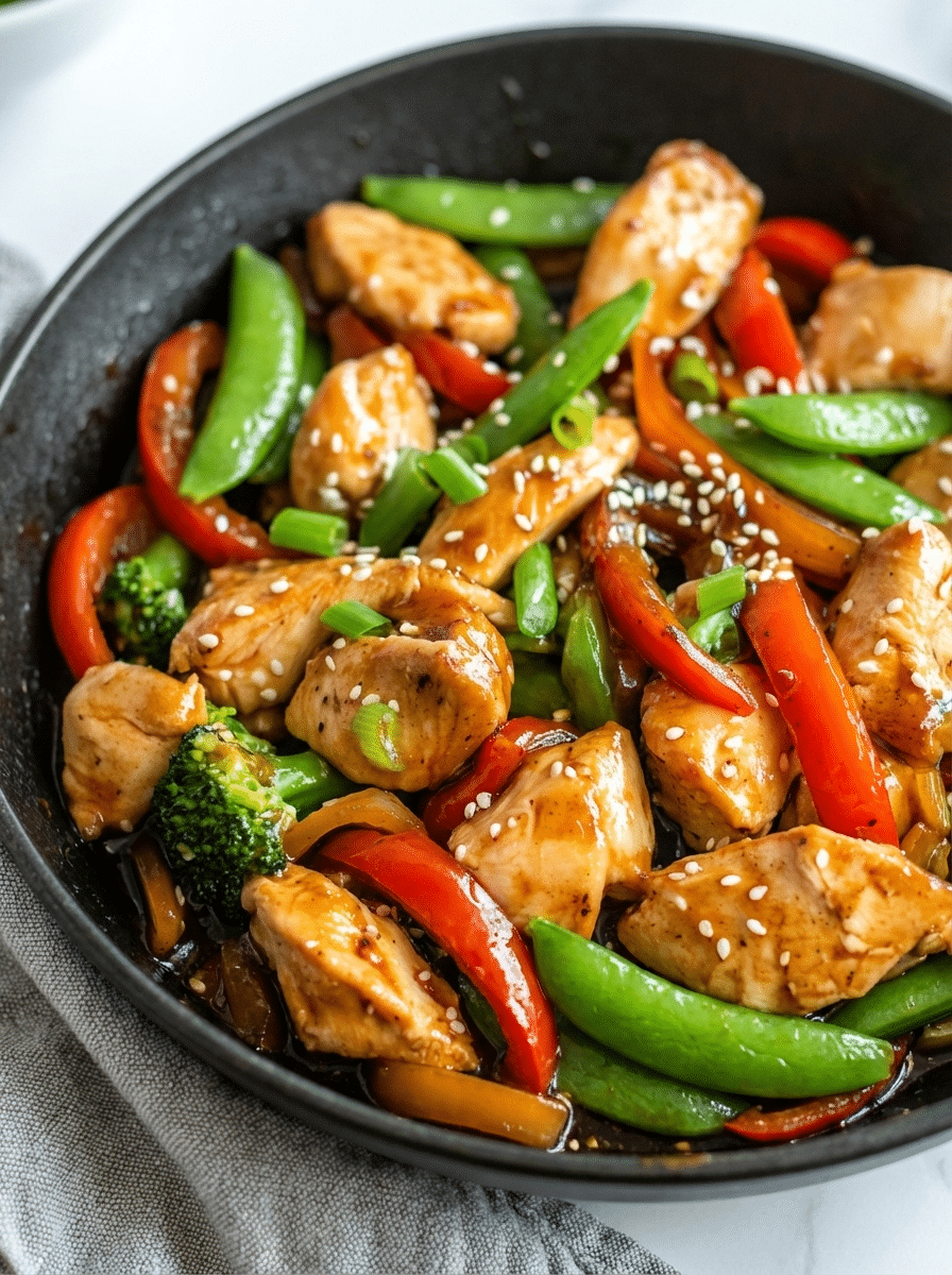 Spring Chicken Stir Fry with Snap Peas close-up showing glossy sauce, crisp snap peas, and golden chicken strips