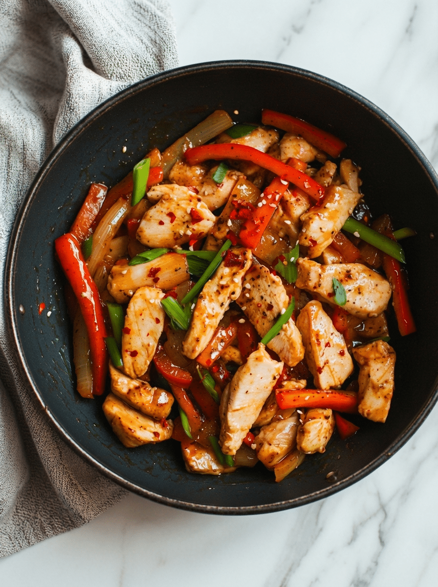 Spring Chicken Stir Fry with Snap Peas cooking steps — searing chicken in a hot wok and adding snap peas at the end