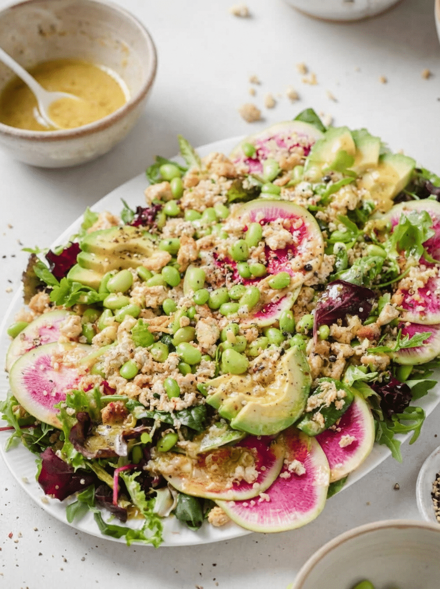 High Protein Chicken Burrito Bowl style close-up of high protein spring salad with grilled chicken and spring vegetables